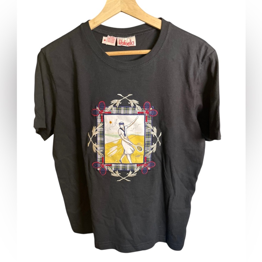 Vintage Rafaella Petites Medium Black Tshirt Tennis Graphic & Embroidery Cotton